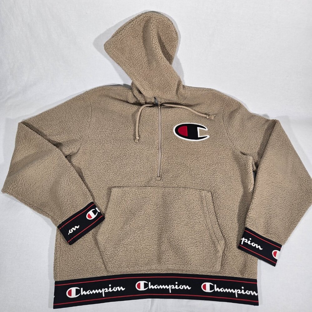 Y2K CHAMPION Streetwear TAN Spell Out Teddy Half Zip Sherpa Hoodie Men's Size L. - Picture 6 of 17